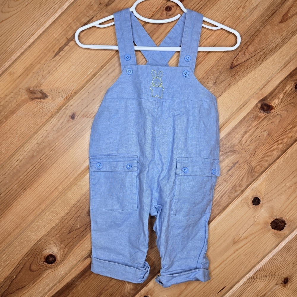 The Children's Place Linen‎ Blend Bunny Blue Overalls Sz 3-6 Months